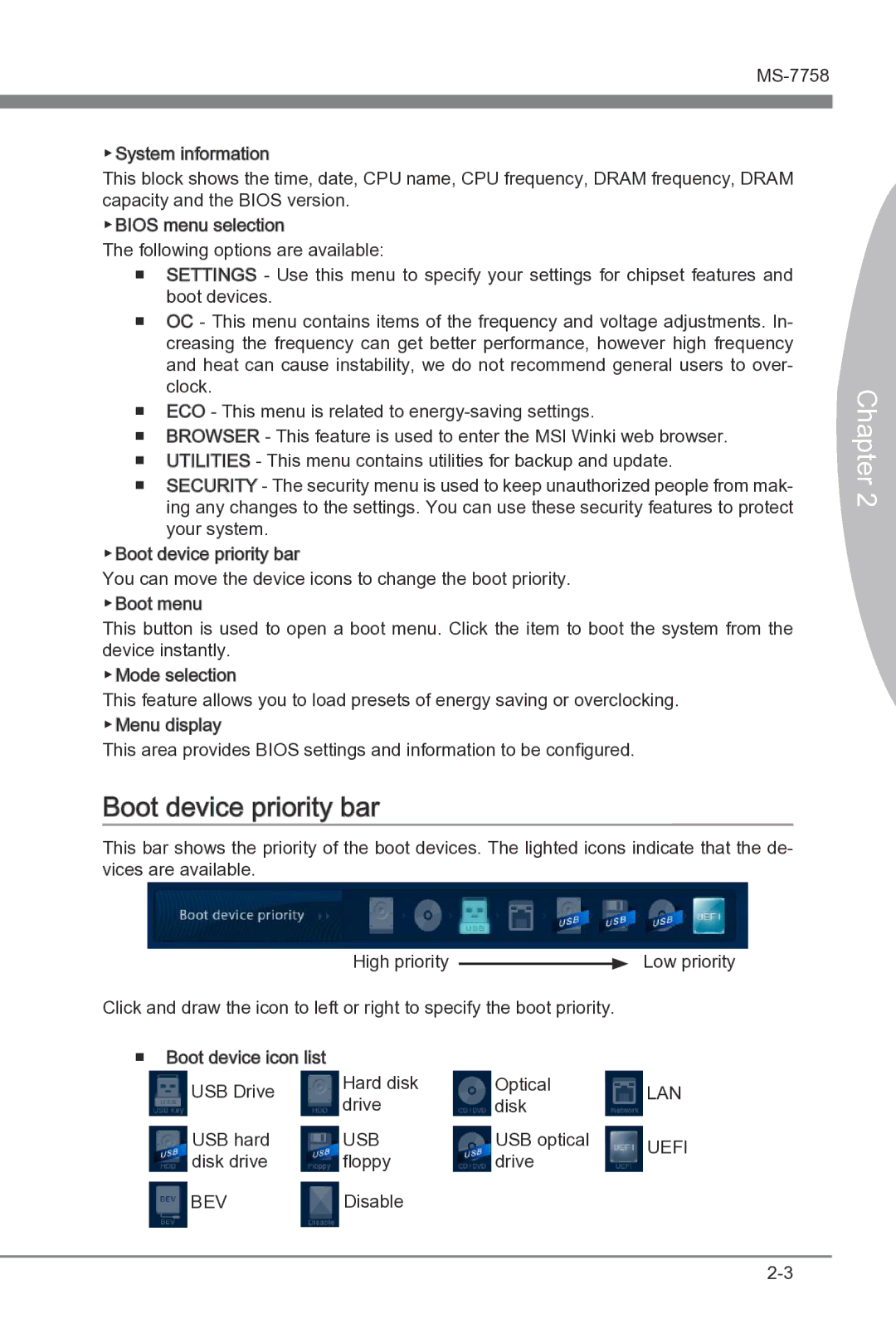 MSI B75A-G43 manual Boot device priority bar 