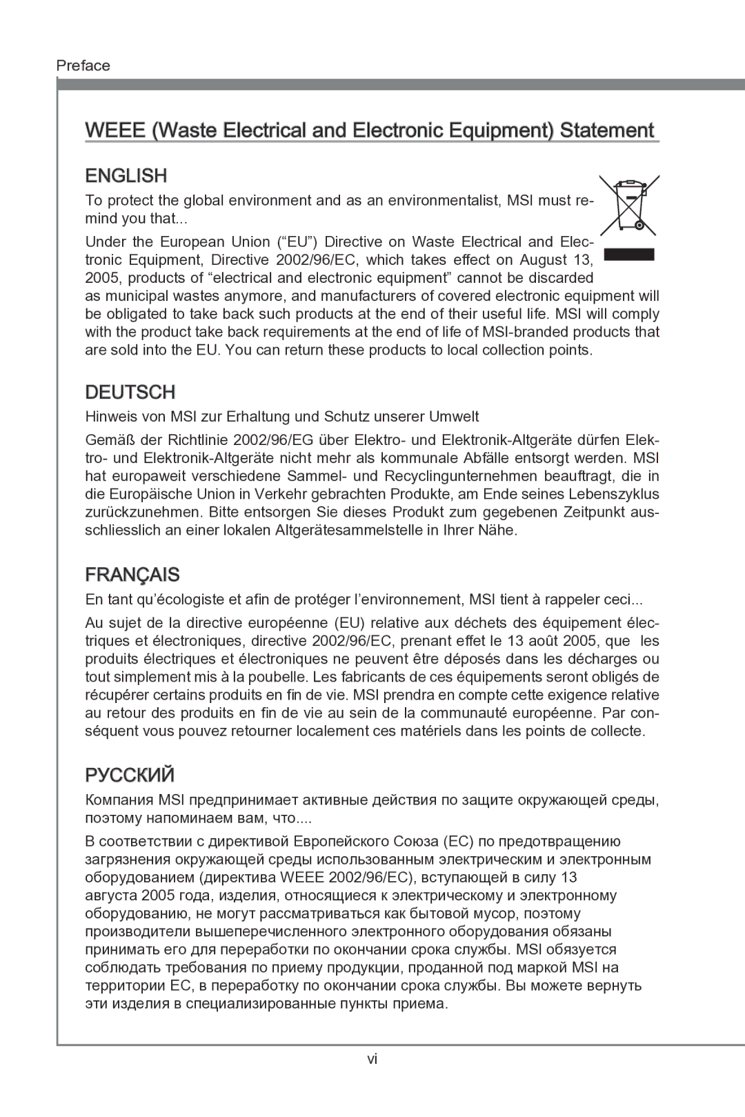 MSI B75A-G43 manual Weee Waste Electrical and Electronic Equipment Statement 