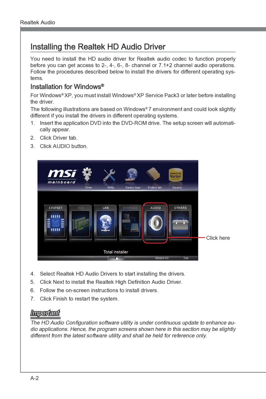 MSI B75A-G43 manual Installing the Realtek HD Audio Driver, Installation for Windows 