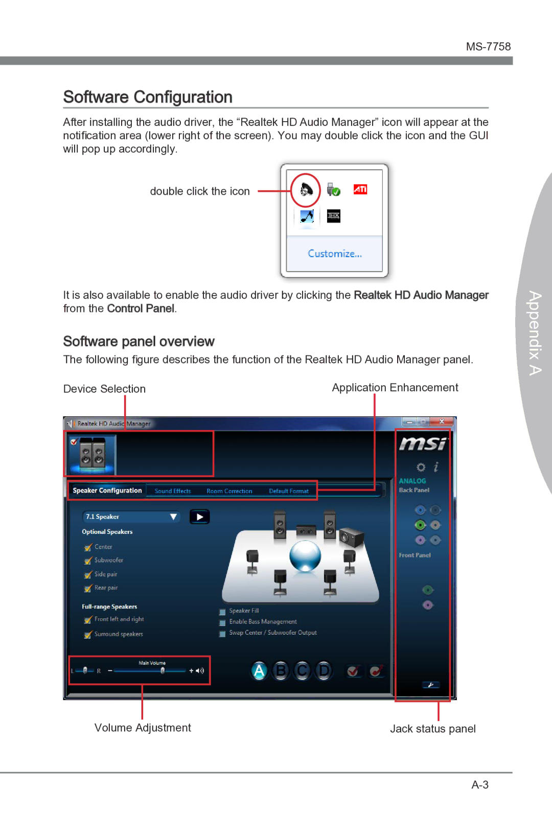 MSI B75A-G43 manual Software Configuration, Software panel overview 