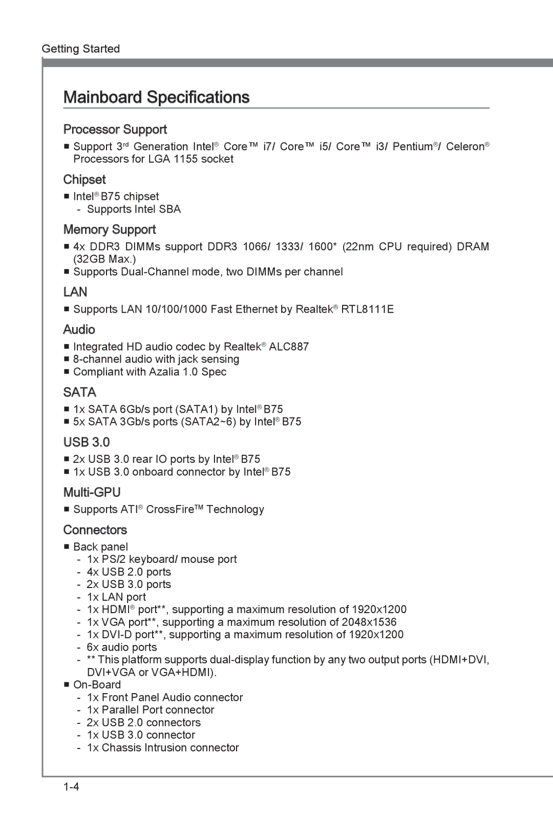 MSI B75MA-G43 manual Mainboard Specifications, Processor Support 