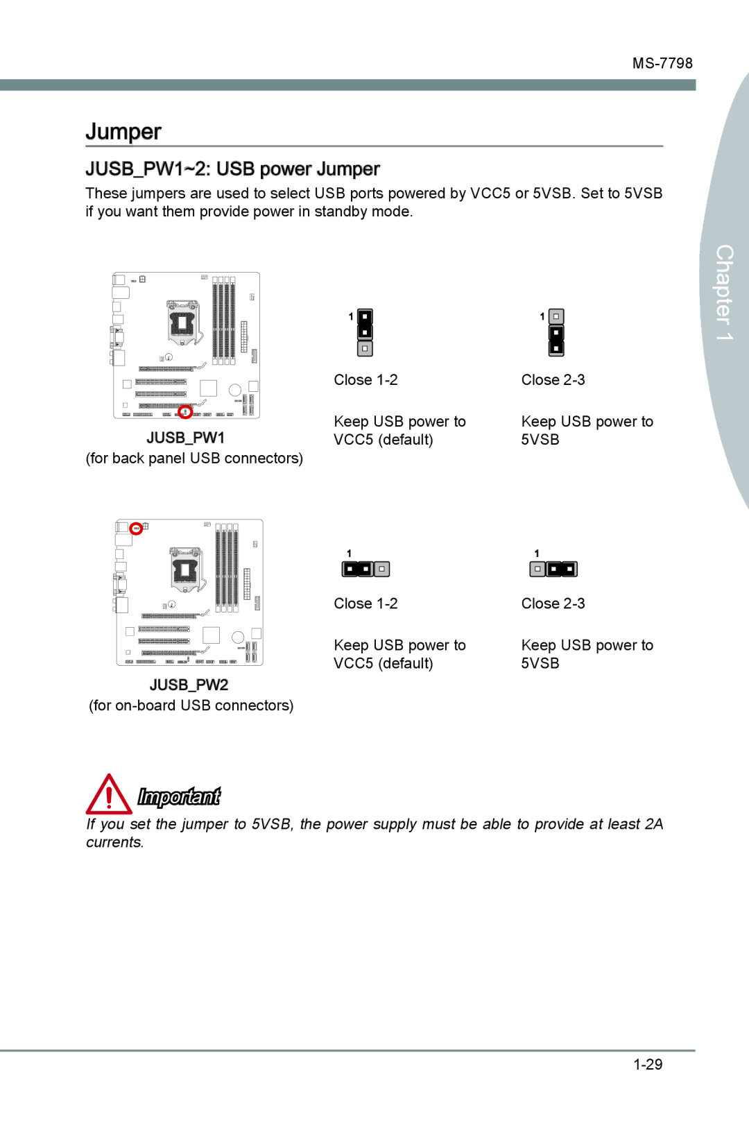 MSI B75MA-G43 manual JUSBPW1~2 USB power Jumper 