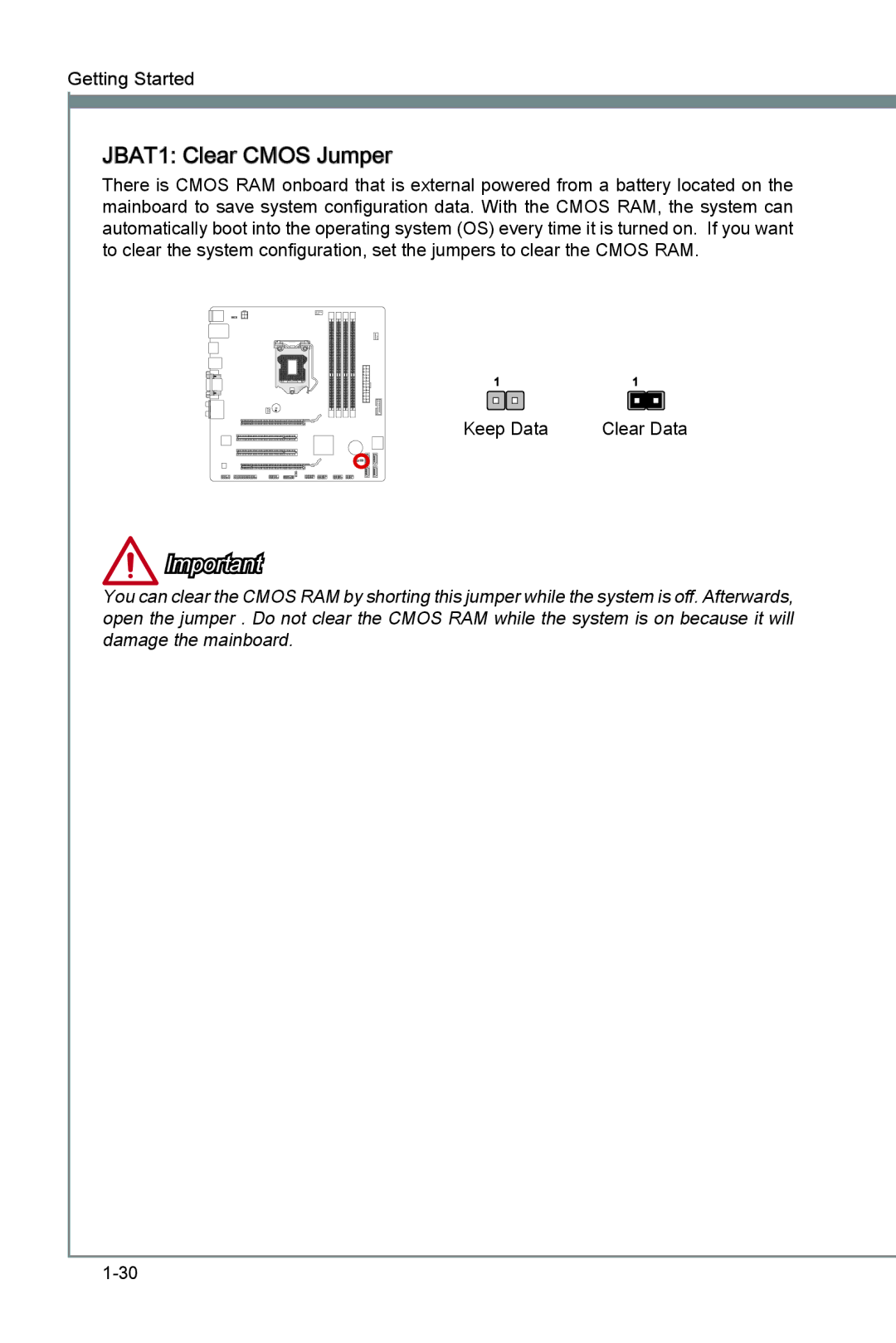 MSI B75MA-G43 manual JBAT1 Clear Cmos Jumper 