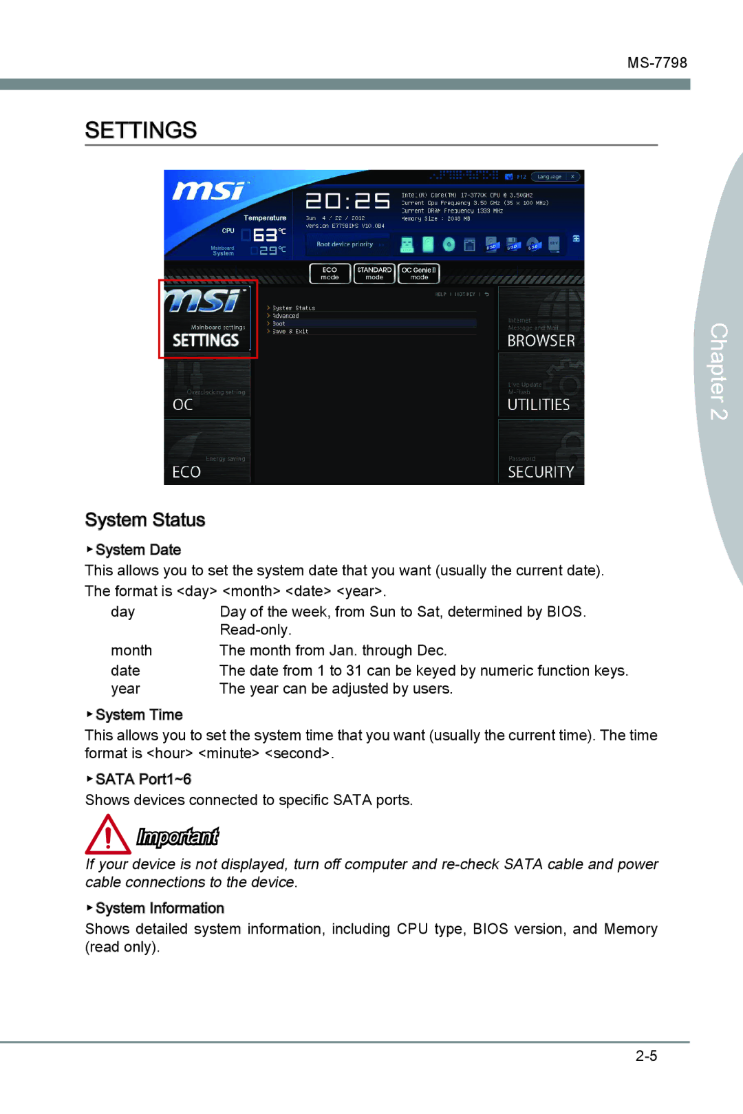 MSI B75MA-G43 manual Settings, System Status 