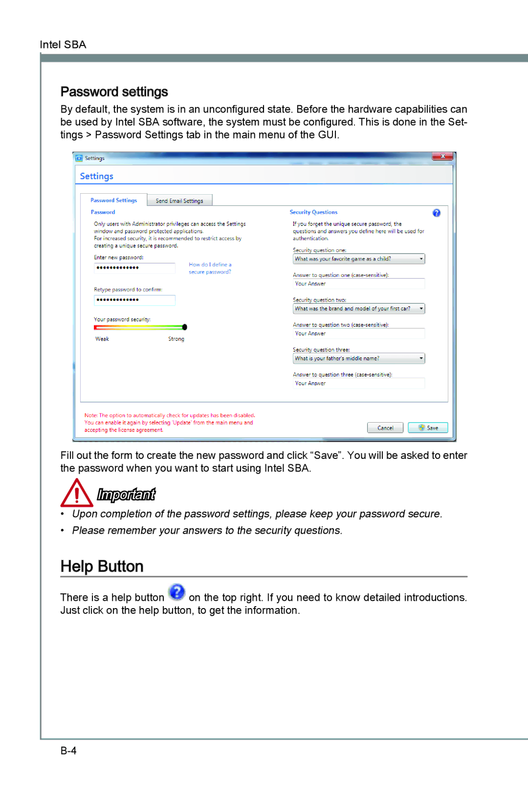 MSI B75MA-G43 manual Help Button, Password settings 