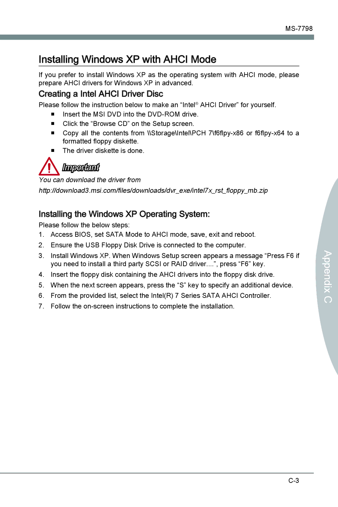 MSI B75MA-G43 manual Installing Windows XP with Ahci Mode, Creating a Intel Ahci Driver Disc 