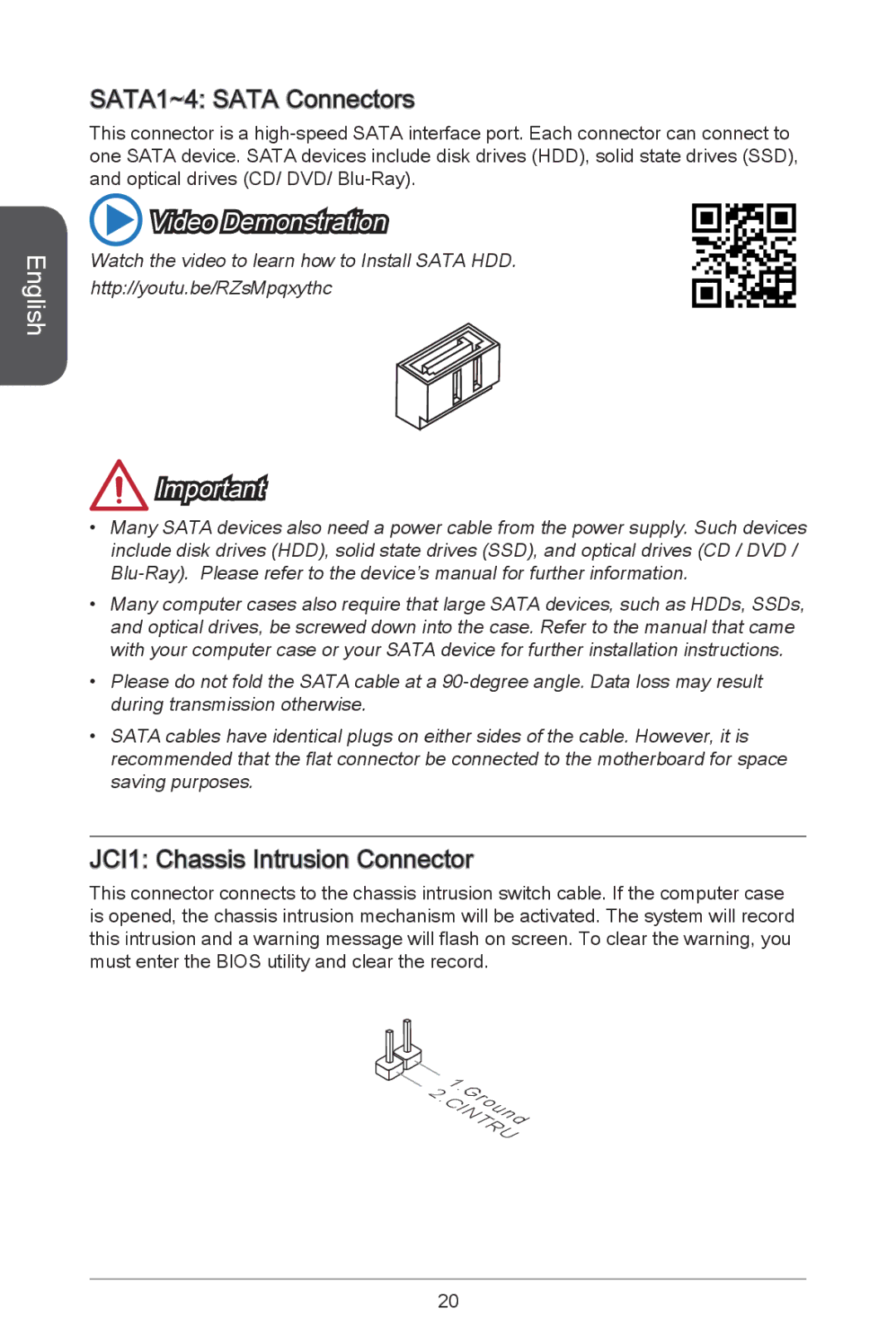 MSI B85M-P33 manual SATA1~4 Sata Connectors, JCI1 Chassis Intrusion Connector 