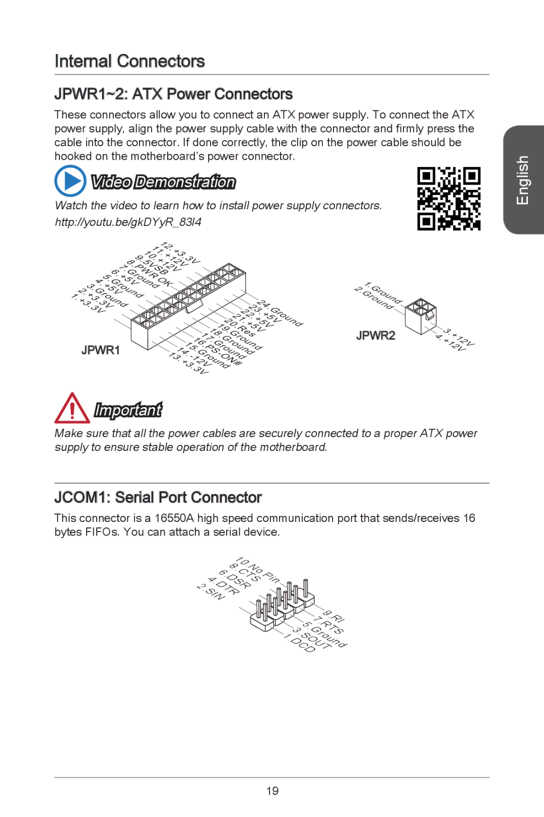 MSI B85M-P33 manual Internal Connectors, JPWR1~2 ATX Power Connectors, JCOM1 Serial Port Connector, JPWR2 