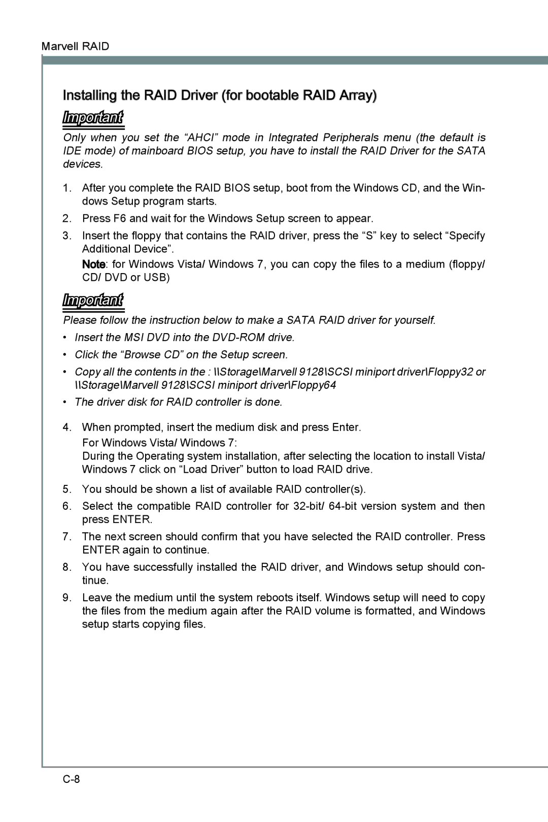 MSI Big Bang-Marshal (B3) manual Installing the RAID Driver for bootable RAID Array 