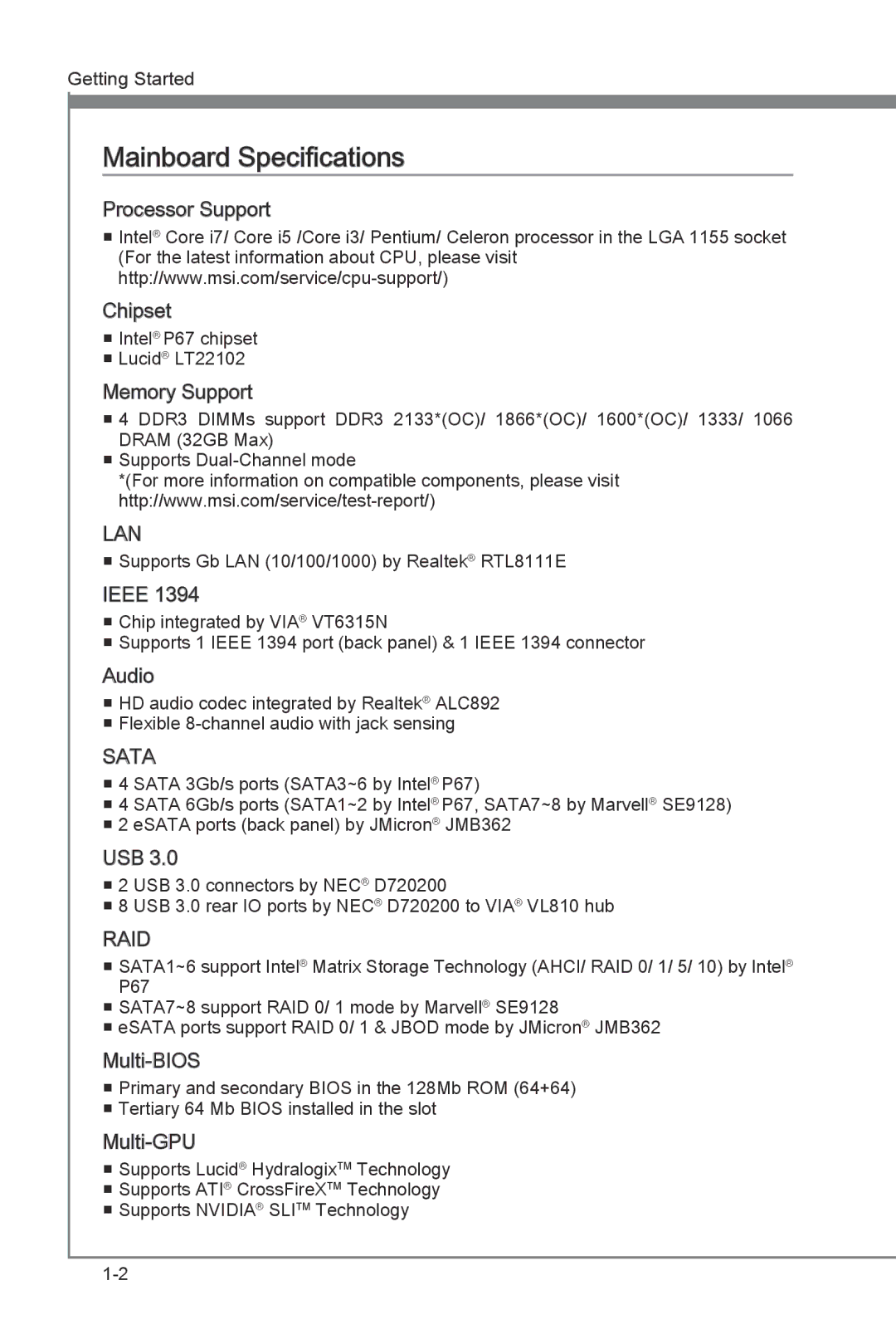 MSI Big Bang-Marshal (B3) manual Mainboard Specifications, Memory Support 