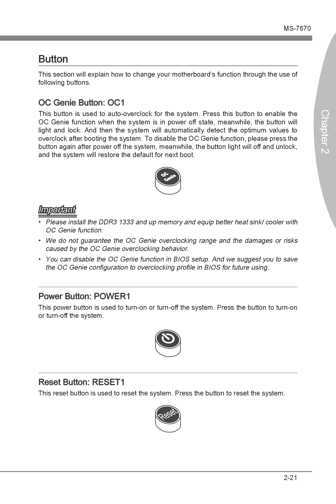 MSI Big Bang-Marshal (B3) manual OC Genie Button OC1, Power Button POWER1, Reset Button RESET1 