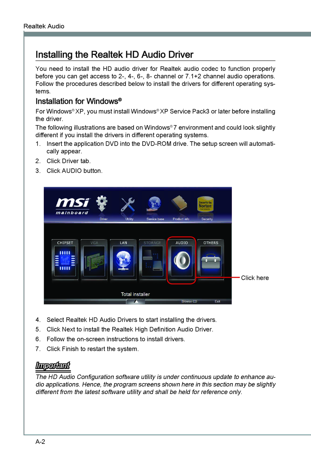 MSI Big Bang-Marshal (B3) manual Installing the Realtek HD Audio Driver, Installation for Windows 