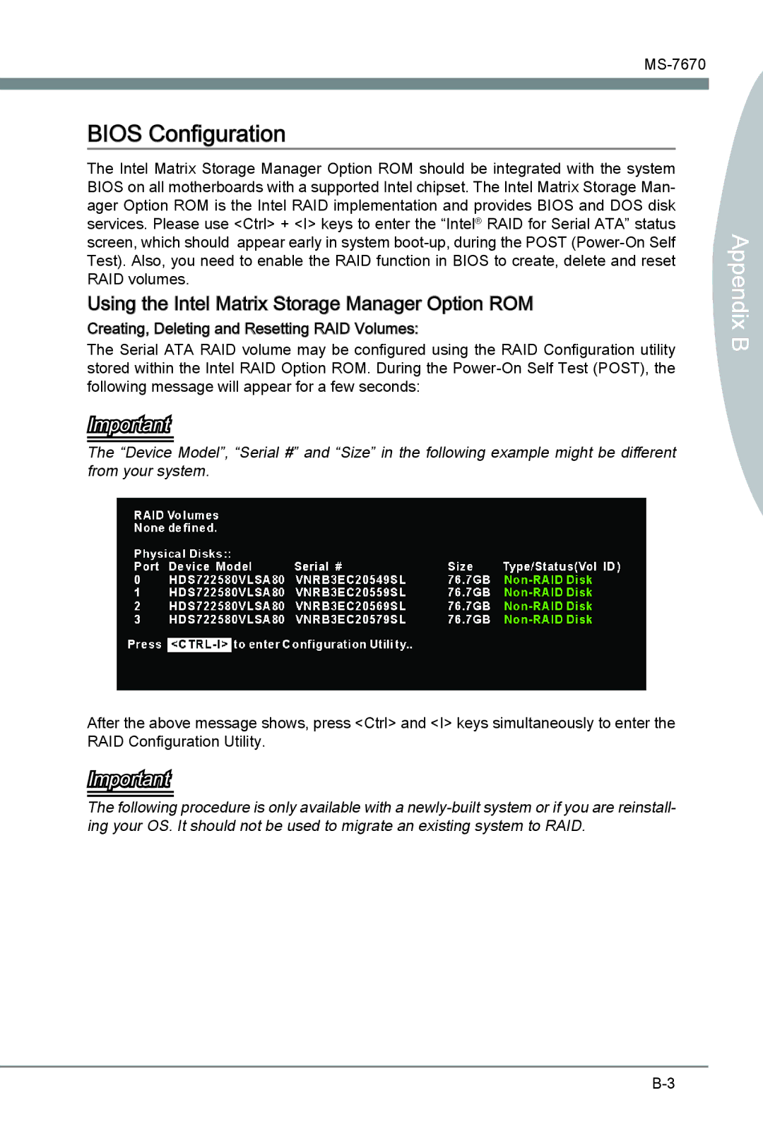 MSI Big Bang-Marshal (B3) manual Bios Configuration, Using the Intel Matrix Storage Manager Option ROM 