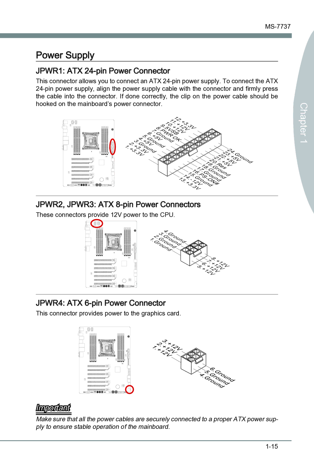 MSI Big Bang-XPower II manual Power Supply, JPWR1 ATX 24-pin Power Connector, JPWR2, JPWR3 ATX 8-pin Power Connectors 