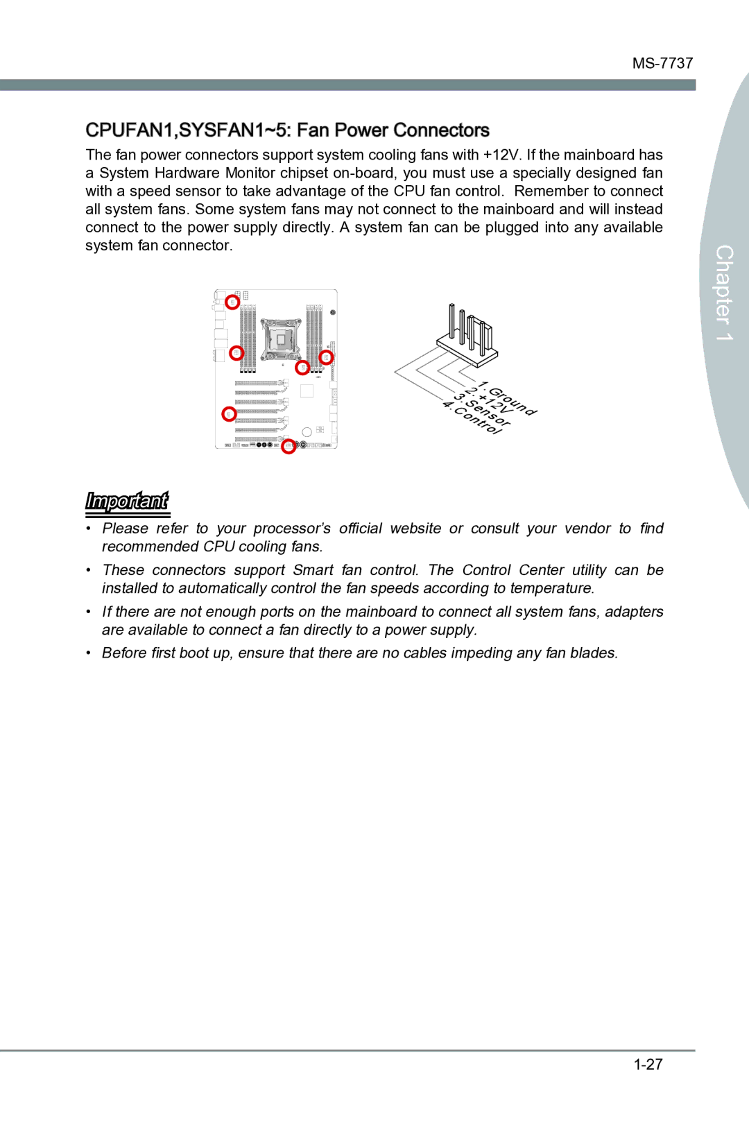 MSI Big Bang-XPower II manual CPUFAN1,SYSFAN1~5 Fan Power Connectors 