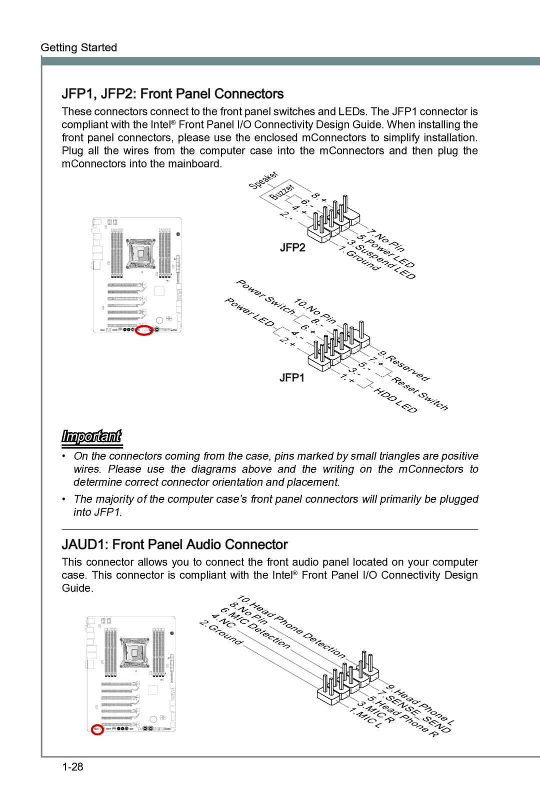 MSI Big Bang-XPower II manual JFP1, JFP2 Front Panel Connectors, JAUD1 Front Panel Audio Connector 