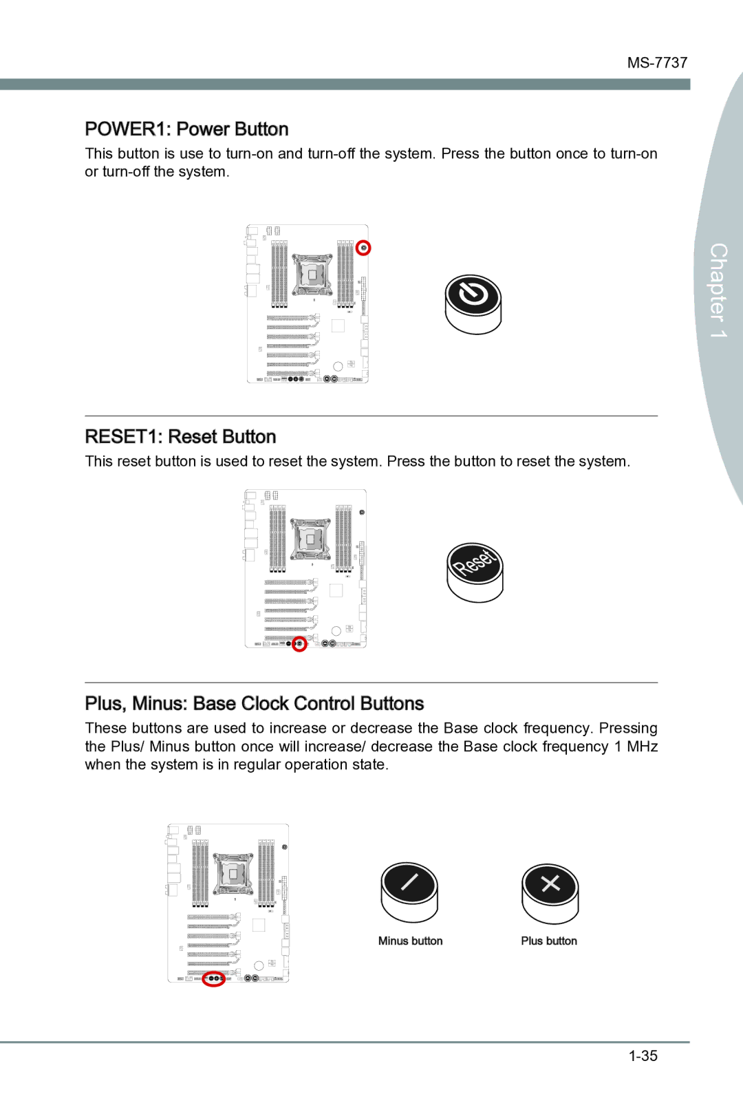 MSI Big Bang-XPower II manual POWER1 Power Button, RESET1 Reset Button, Plus, Minus Base Clock Control Buttons 