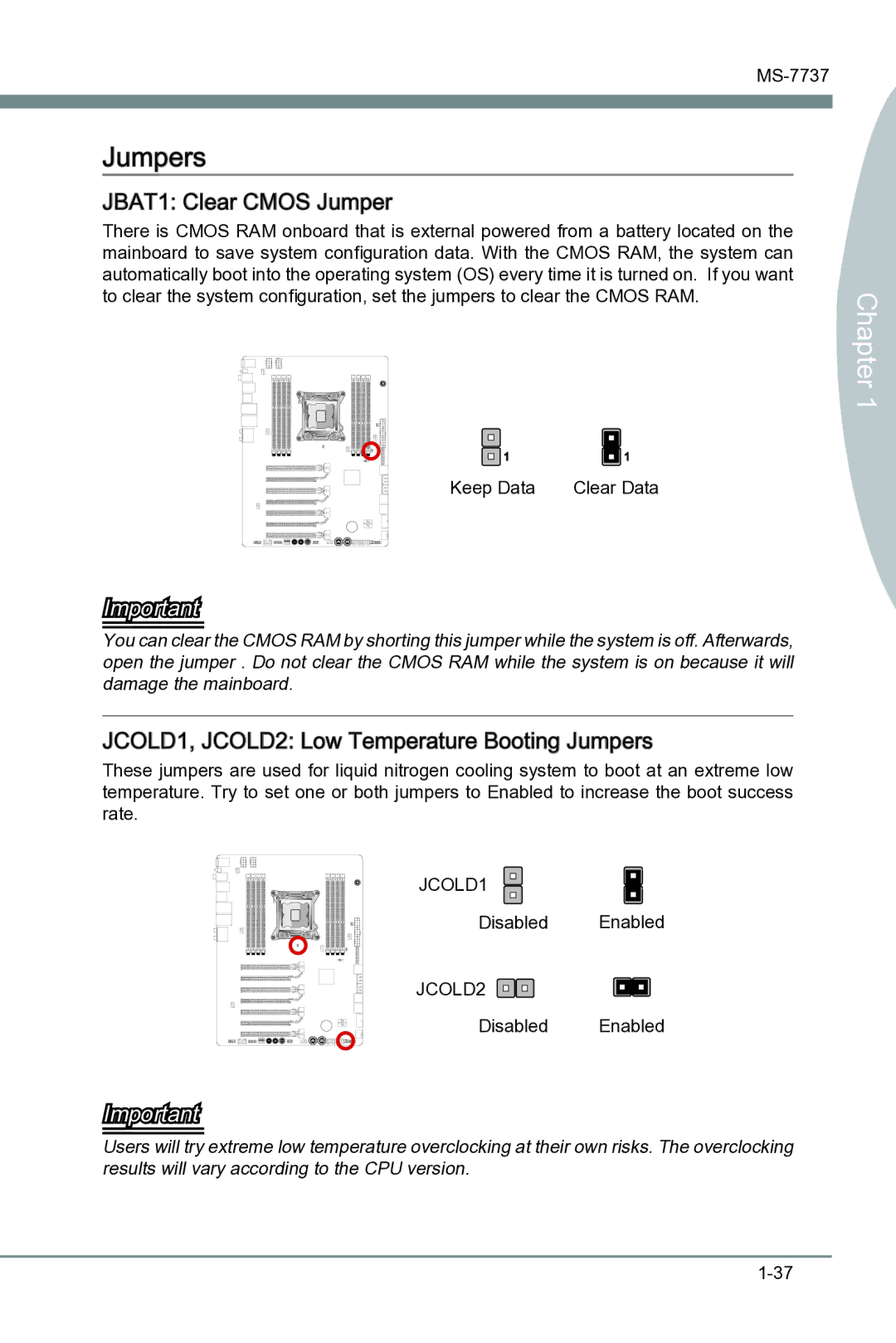 MSI Big Bang-XPower II manual JBAT1 Clear Cmos Jumper, JCOLD1, JCOLD2 Low Temperature Booting Jumpers 