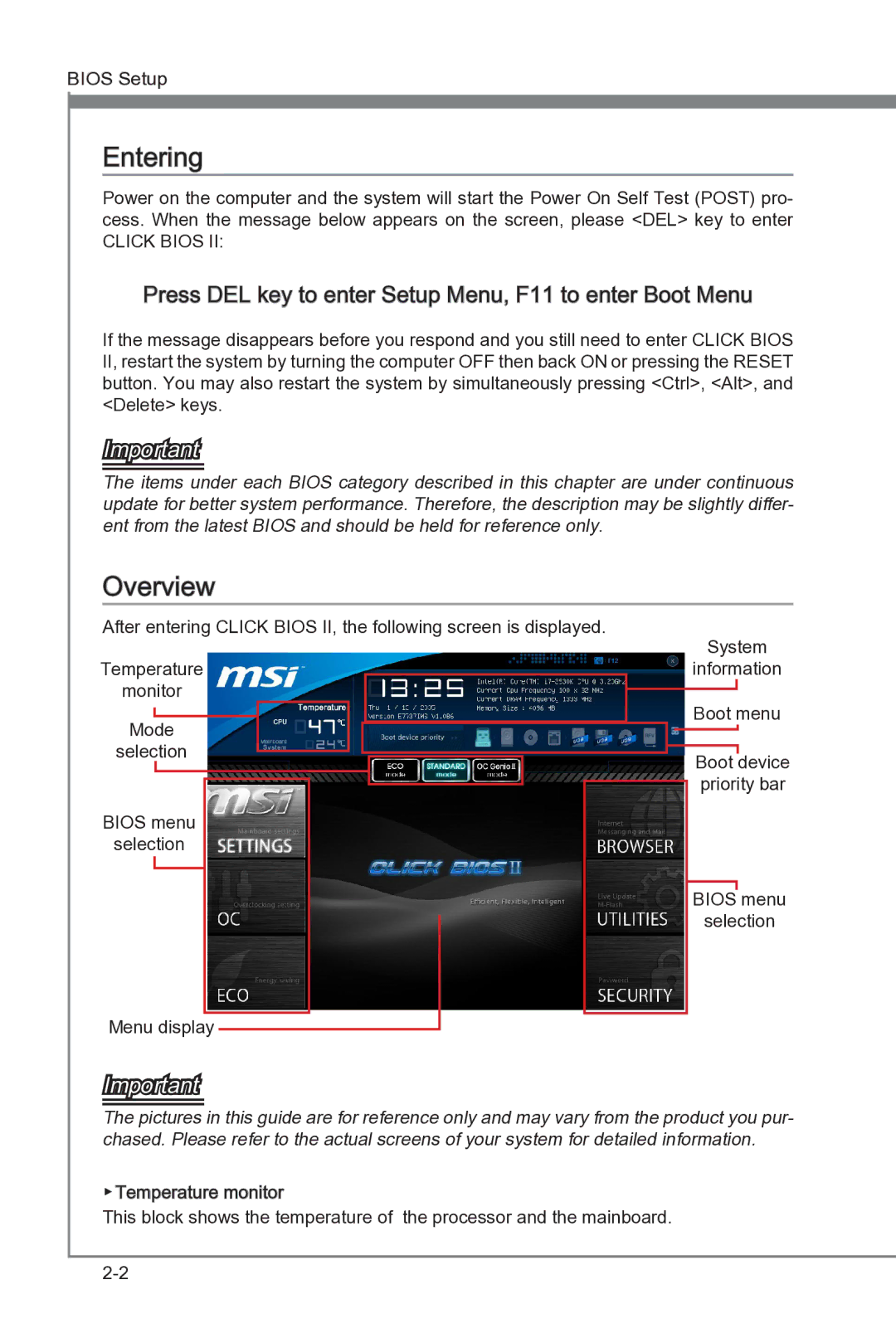 MSI Big Bang-XPower II manual Entering, Overview, Press DEL key to enter Setup Menu, F11 to enter Boot Menu 