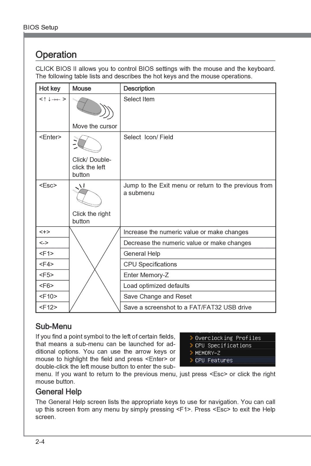 MSI Big Bang-XPower II manual Operation, Sub-Menu, General Help 