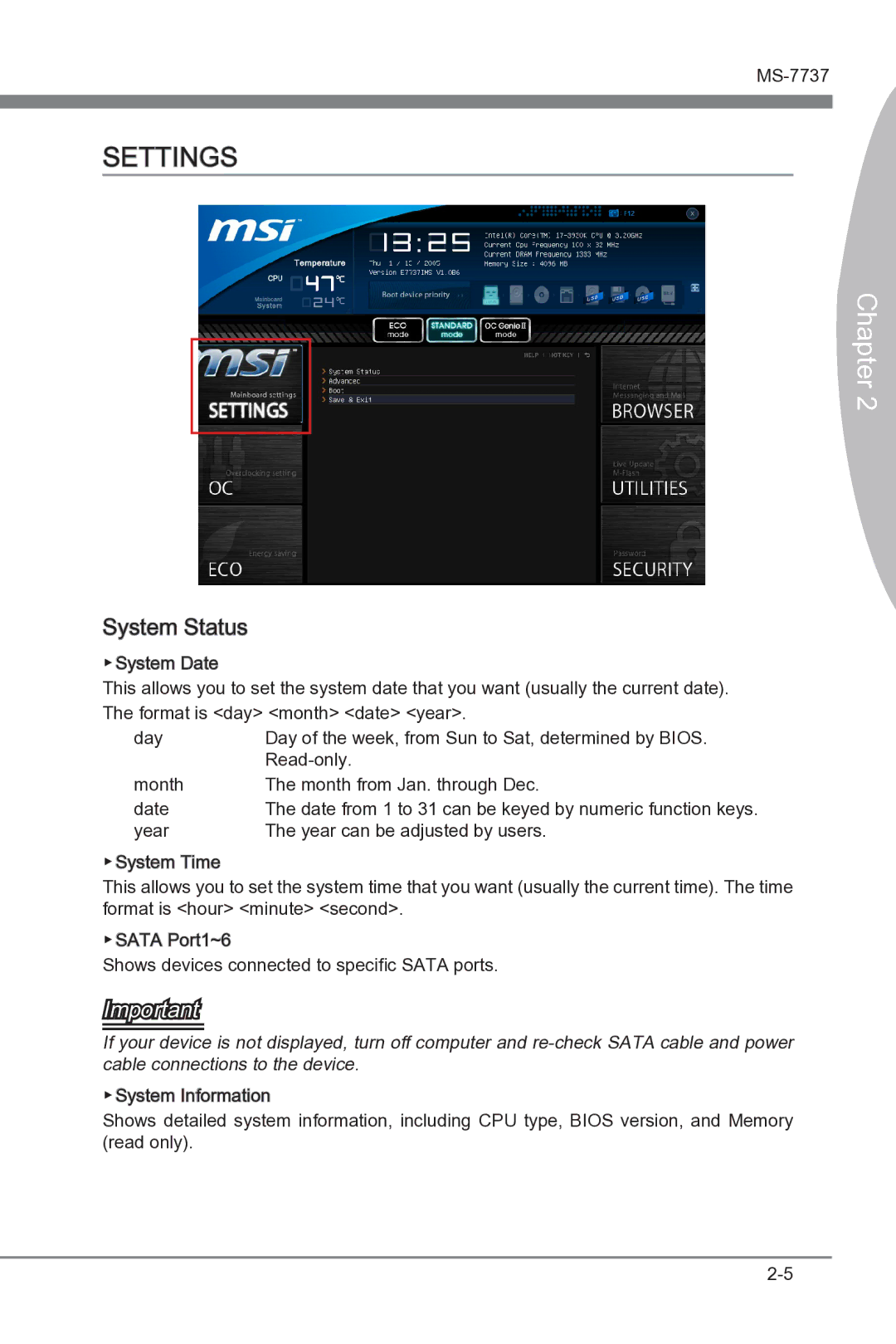 MSI Big Bang-XPower II manual Settings, System Status 