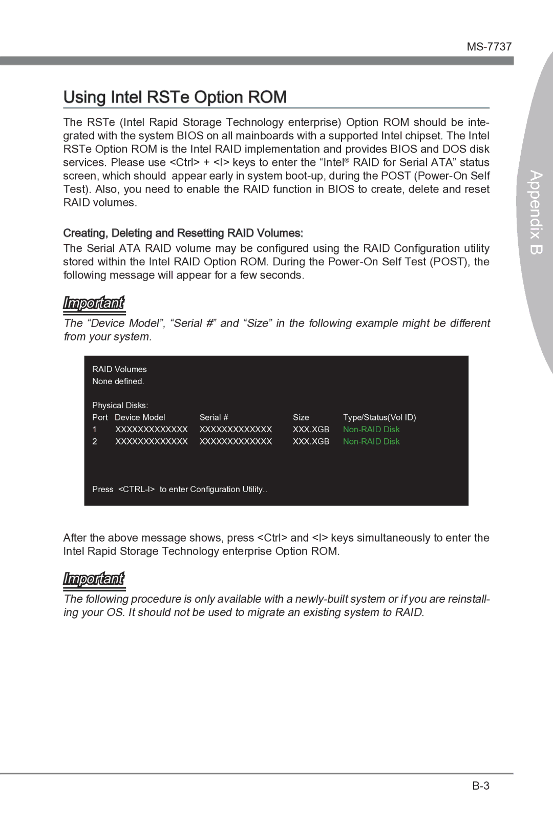 MSI Big Bang-XPower II manual Using Intel RSTe Option ROM, Ix B Append 