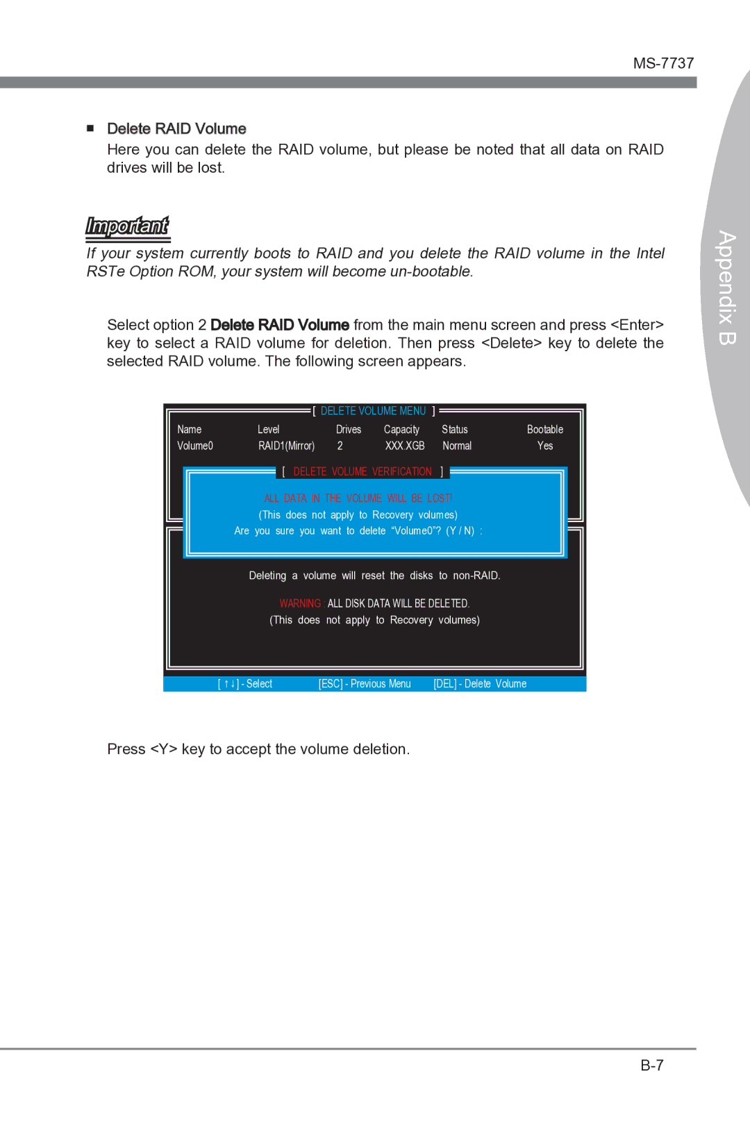 MSI Big Bang-XPower II manual Press Y key to accept the volume deletion 