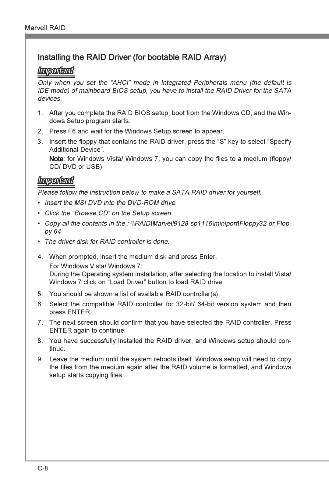 MSI Big Bang-XPower manual Installing the RAID Driver for bootable RAID Array 