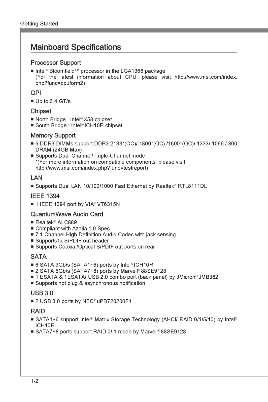 MSI Big Bang-XPower manual Mainboard Specifications, Qpi 