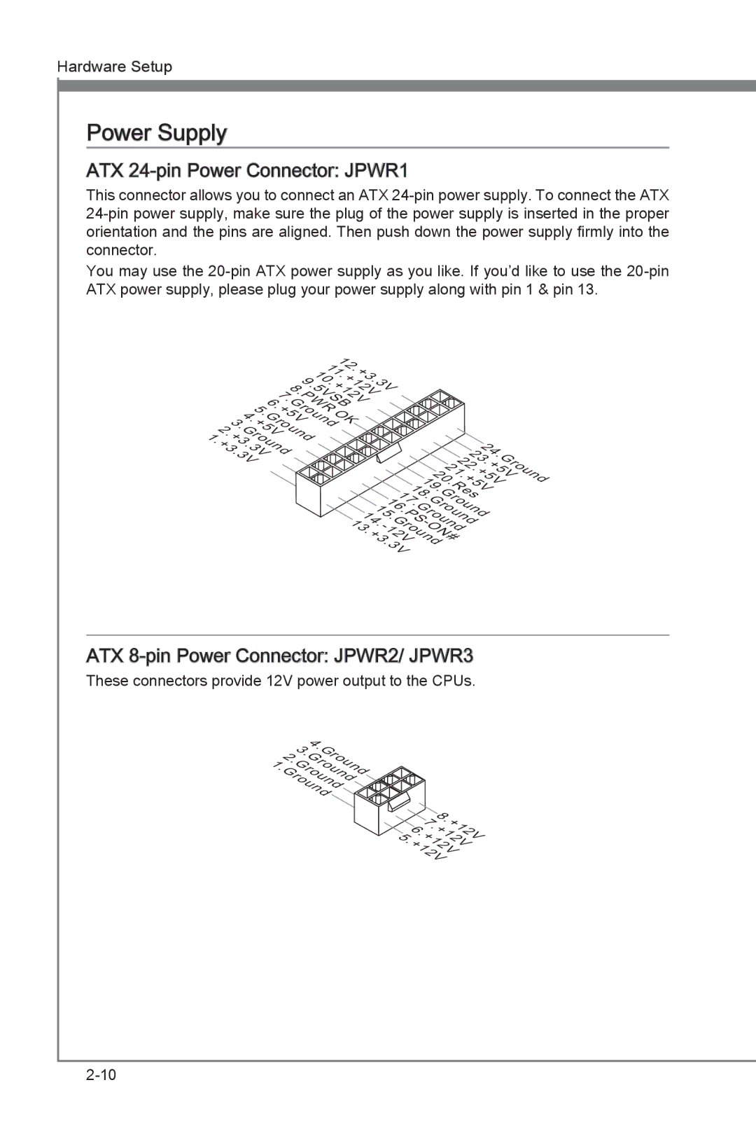 MSI Big Bang-XPower manual Power Supply, ATX 24-pin Power Connector JPWR1, ATX 8-pin Power Connector JPWR2/ JPWR3 