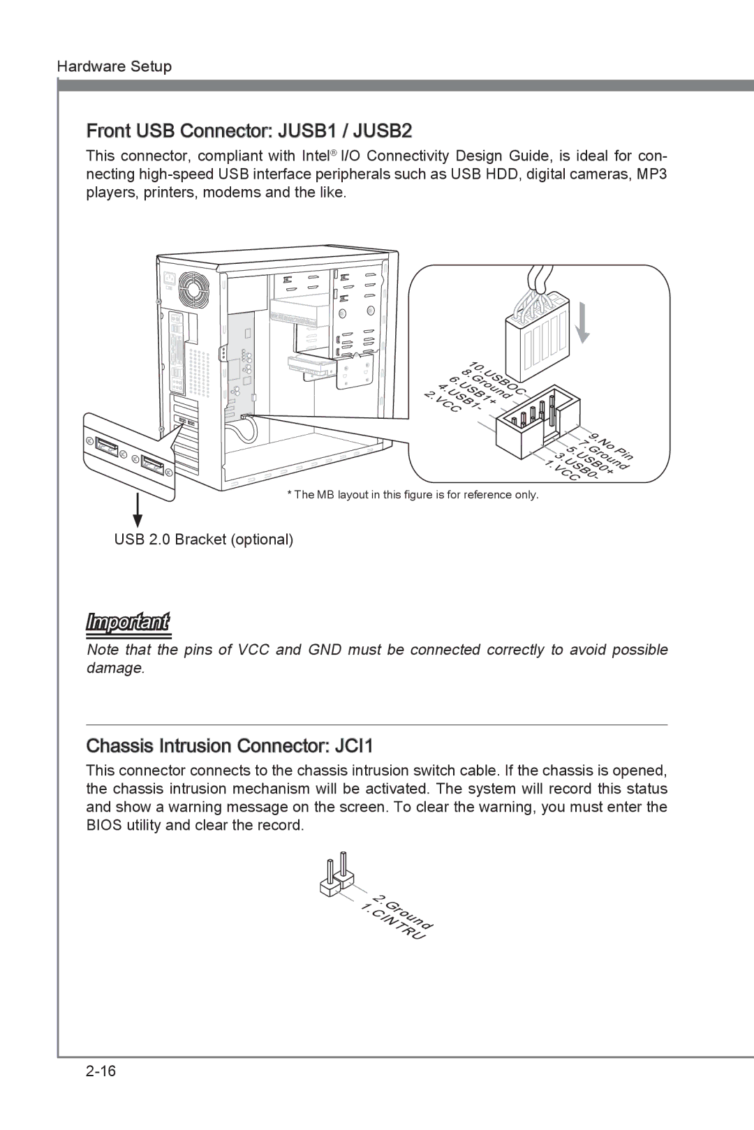 MSI Big Bang-XPower manual Front USB Connector JUSB1 / JUSB2, Chassis Intrusion Connector JCI1 