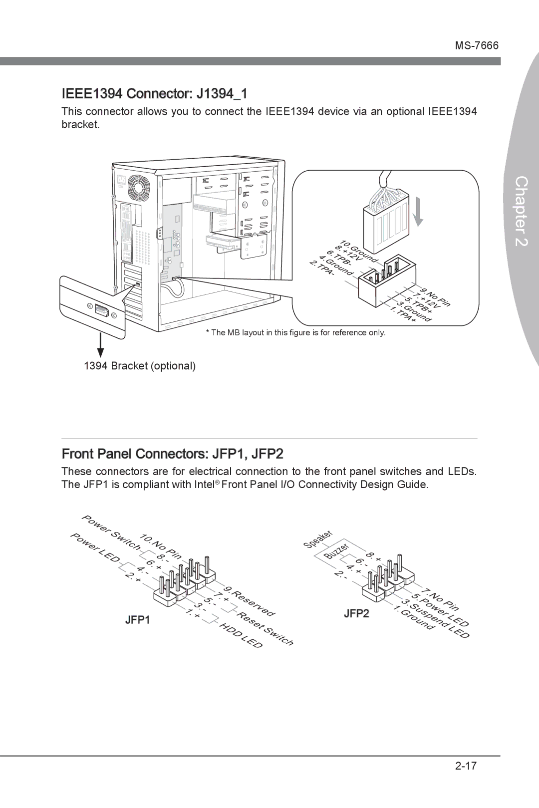 MSI Big Bang-XPower manual IEEE1394 Connector J13941, Front Panel Connectors JFP1, JFP2 