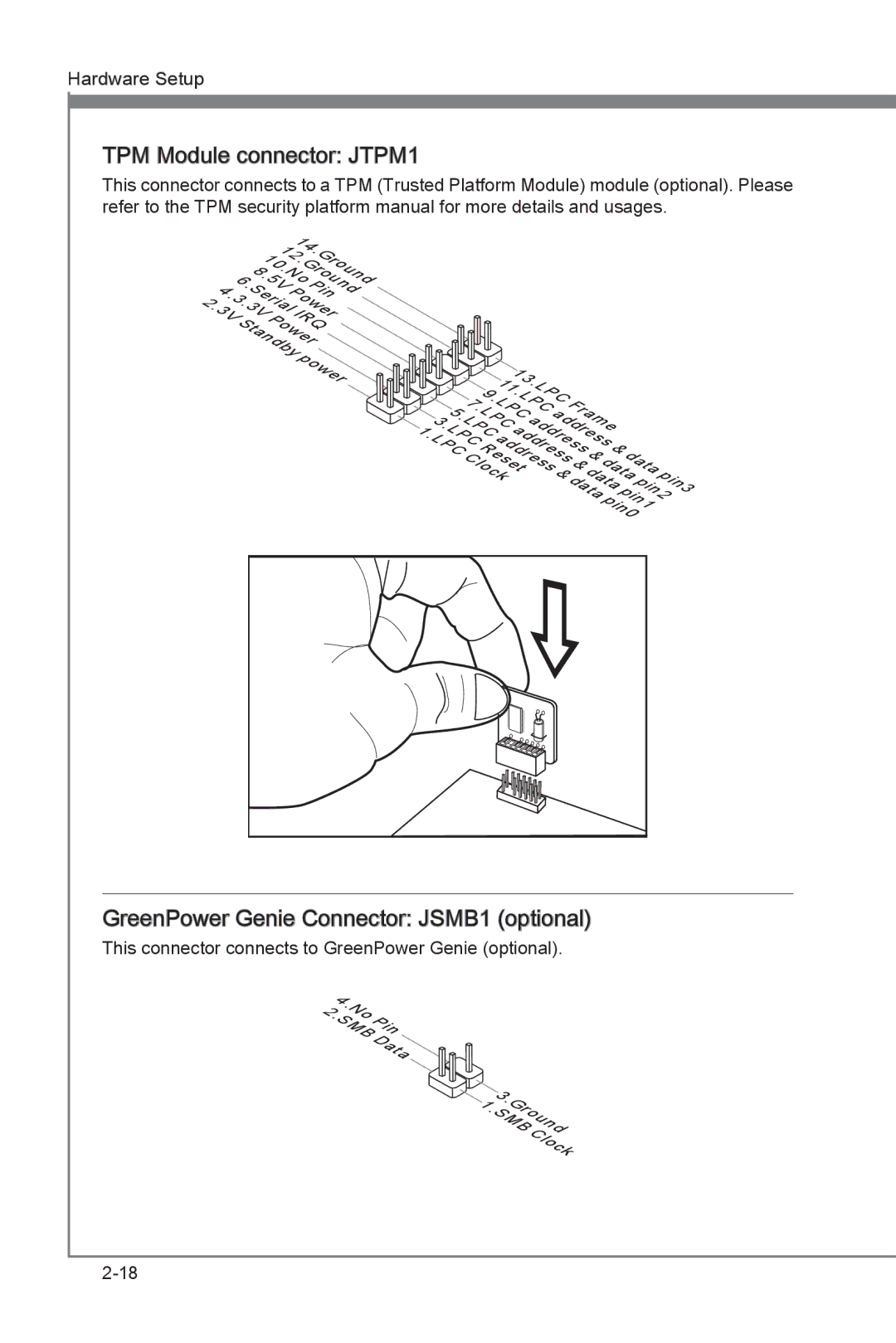 MSI Big Bang-XPower manual TPM Module connector JTPM1, GreenPower Genie Connector JSMB1 optional 