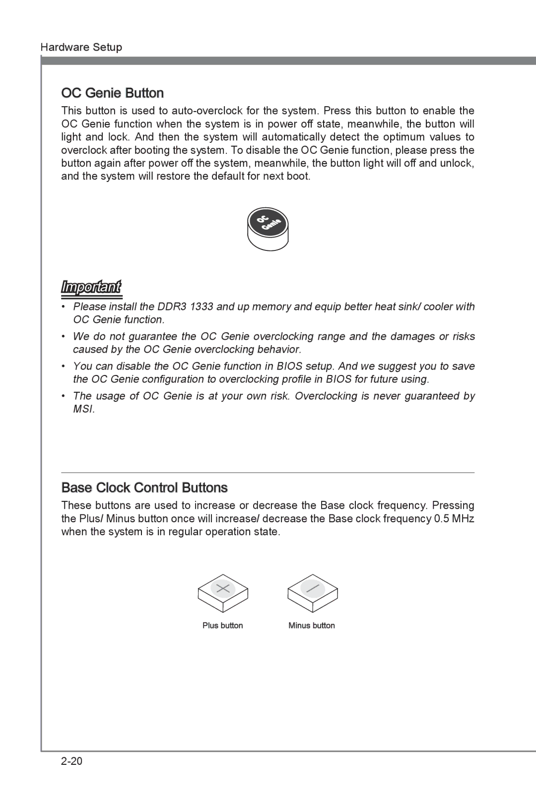 MSI Big Bang-XPower manual OC Genie Button, Base Clock Control Buttons 