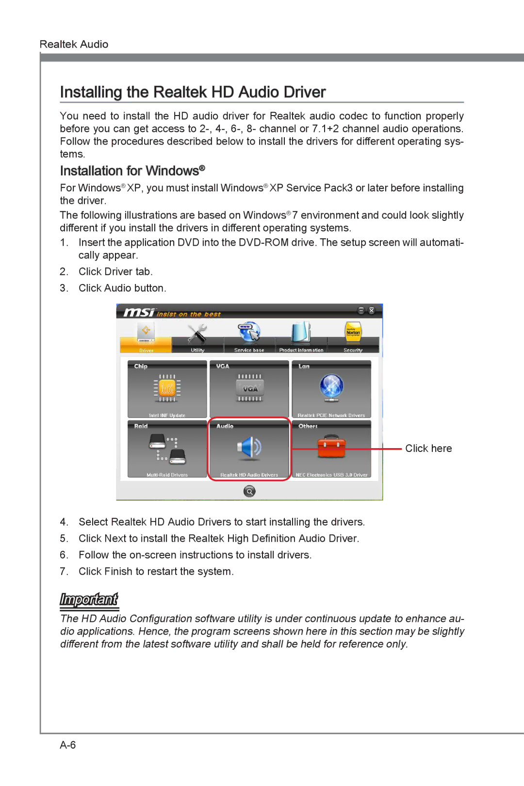 MSI Big Bang-XPower manual Installing the Realtek HD Audio Driver, Installation for Windows 