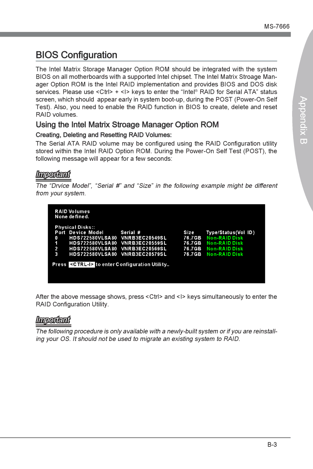 MSI Big Bang-XPower manual Bios Configuration, Using the Intel Matrix Stroage Manager Option ROM 