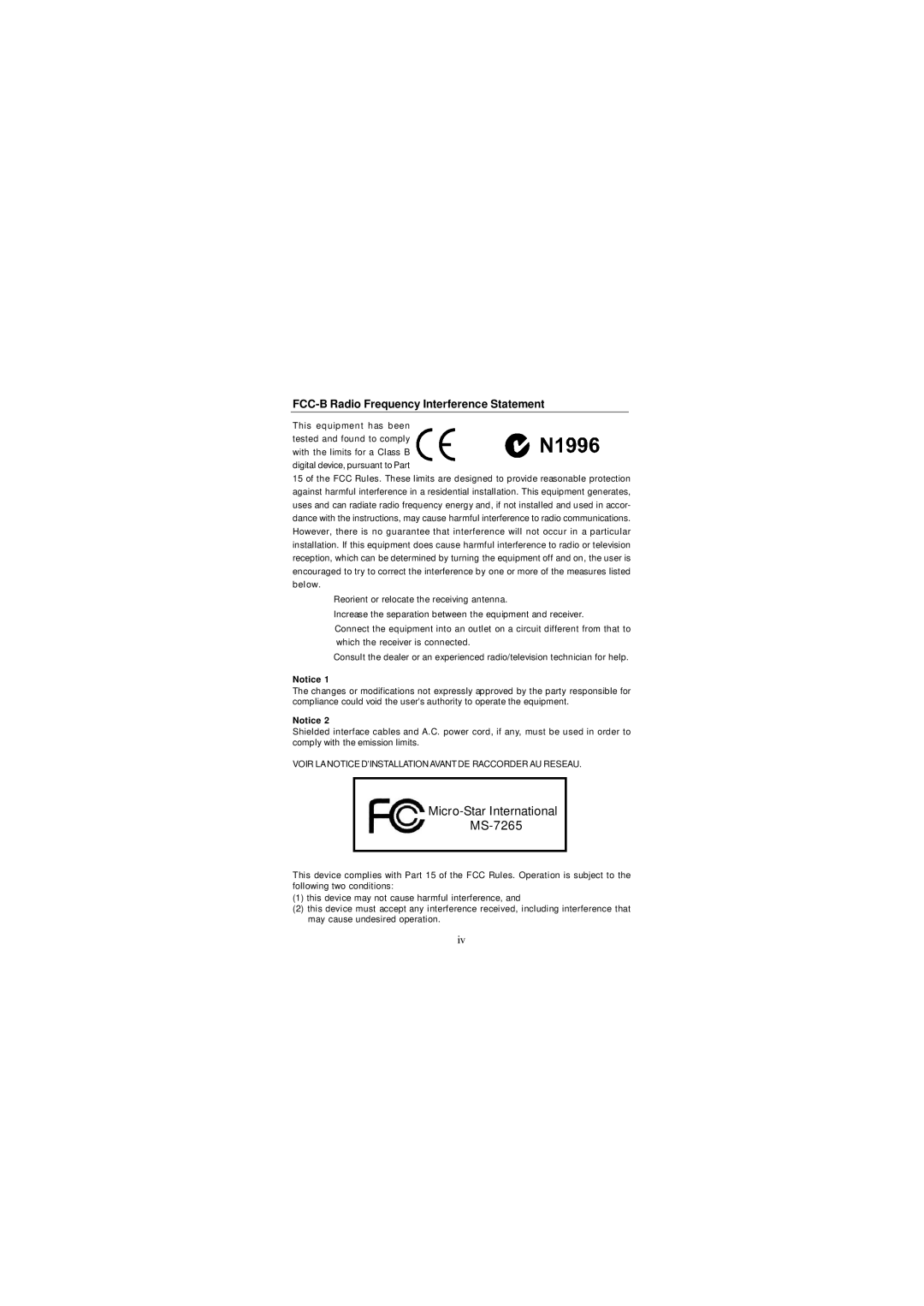 MSI FUZZY 945GM1, FUZZY 945GME1 manual Micro-Star International MS-7265, FCC-B Radio Frequency Interference Statement 