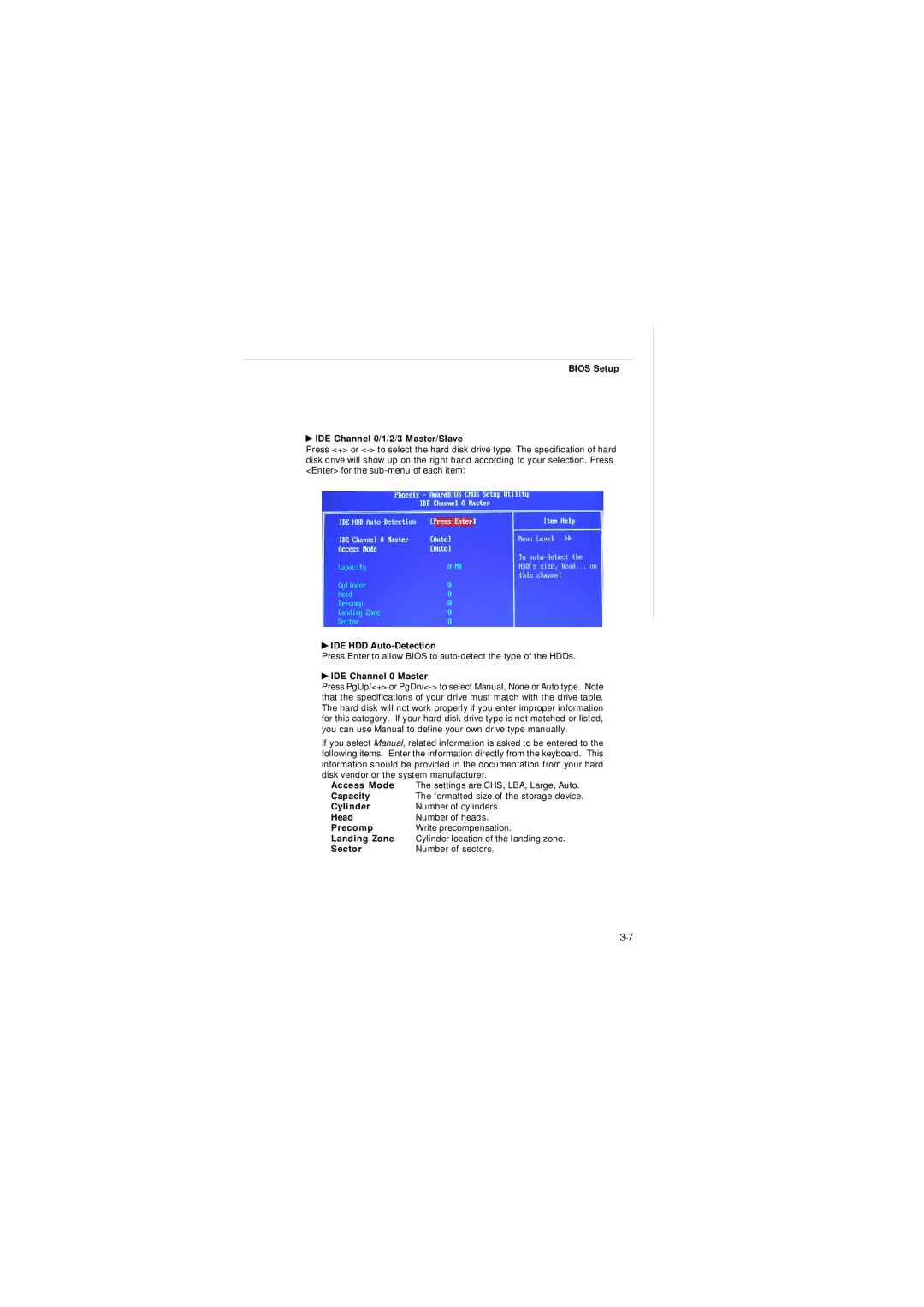 MSI FUZZY 945GME1, FUZZY 945GM1 Bios Setup IDE Channel 0/1/2/3 Master/Slave, IDE HDD Auto-Detection, IDE Channel 0 Master 