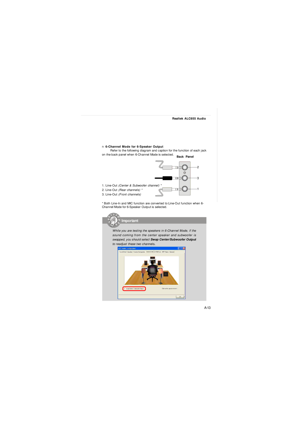 MSI FUZZY 945GME1, FUZZY 945GM1 manual Realtek ALC655 Audio Channel Mode for 6-Speaker Output 