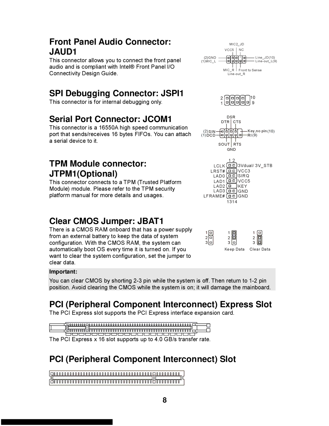 MSI G31M3-L V2 manual Front Panel Audio Connector JAUD1, SPI Debugging Connector JSPI1, Serial Port Connector JCOM1 