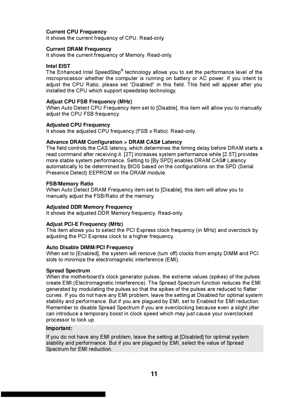 MSI G31M3-L V2 Current CPU Frequency, Current Dram Frequency, Intel Eist, Adjust CPU FSB Frequency MHz, FSB/Memory Ratio 