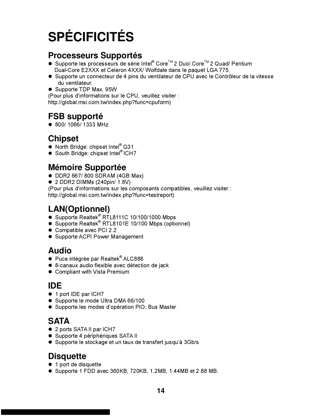 MSI G31M3-L V2 manual Processeurs Supportés, FSB supporté, Mémoire Supportée, LANOptionnel, Disquette 