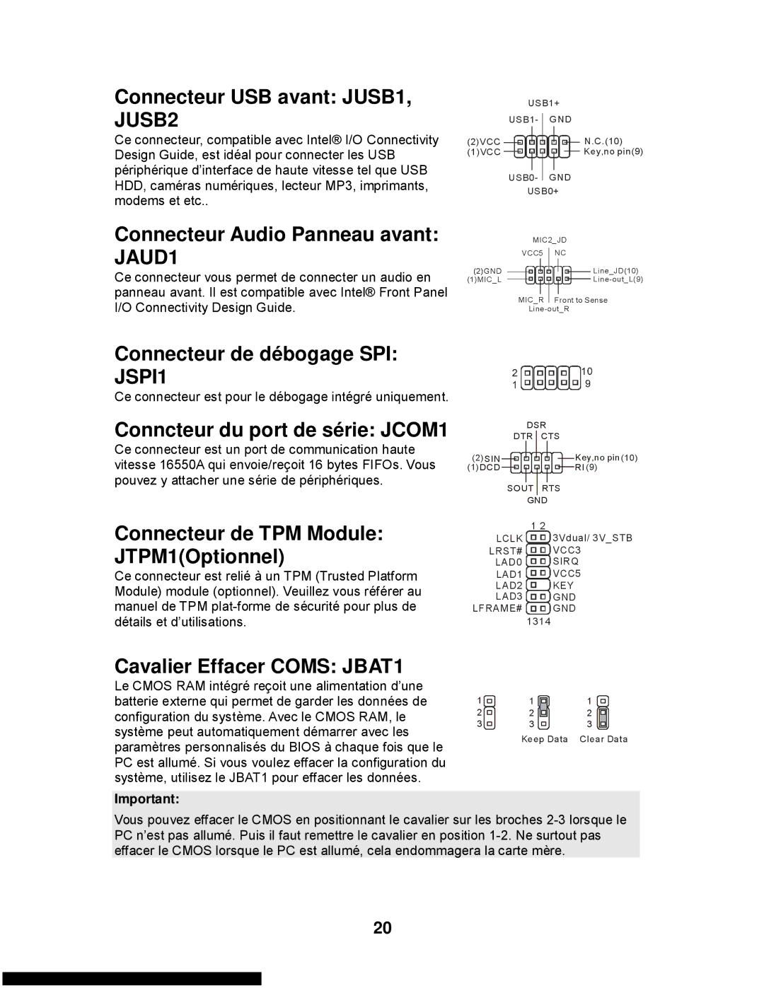 MSI G31M3-L V2 Connecteur USB avant JUSB1, JUSB2, Connecteur Audio Panneau avant JAUD1, Connecteur de débogage SPI JSPI1 