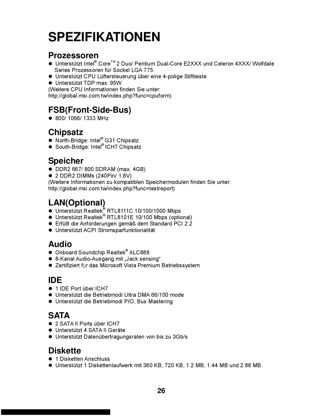 MSI G31M3-L V2 manual Prozessoren, FSBFront-Side-Bus, Chipsatz, Speicher, Diskette 