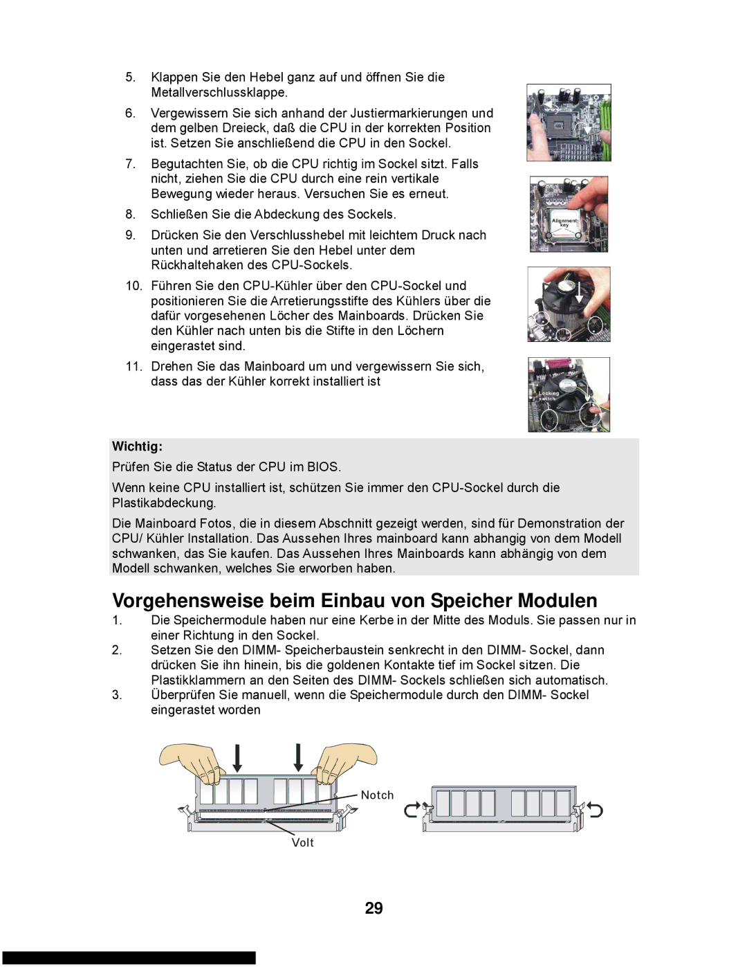 MSI G31M3-L V2 manual Vorgehensweise beim Einbau von Speicher Modulen 