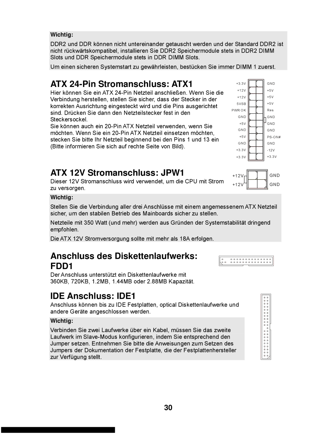 MSI G31M3-L V2 manual ATX 24-Pin Stromanschluss ATX1, ATX 12V Stromanschluss JPW1, Anschluss des Diskettenlaufwerks, FDD1 