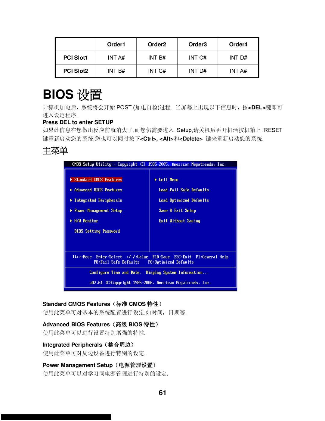 MSI G31M3-L V2 manual Standard Cmos Features（标准 Cmos 特性）, Advanced Bios Features（高级 Bios 特性）, Integrated Peripherals（整合周边） 