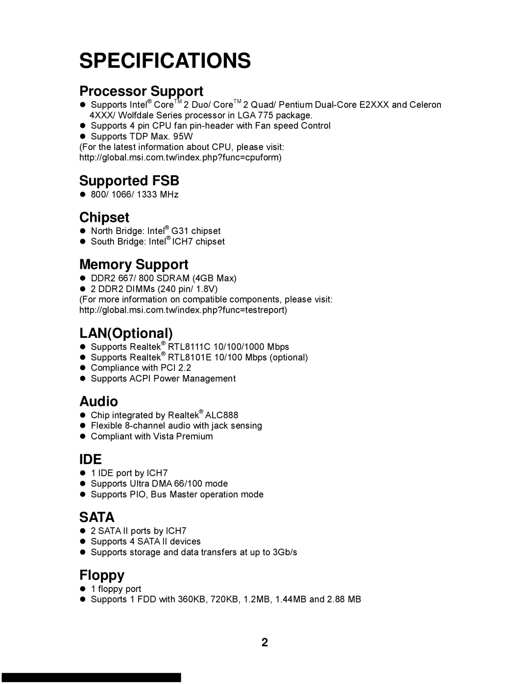 MSI G31M3-L V2 manual Ide, Sata 