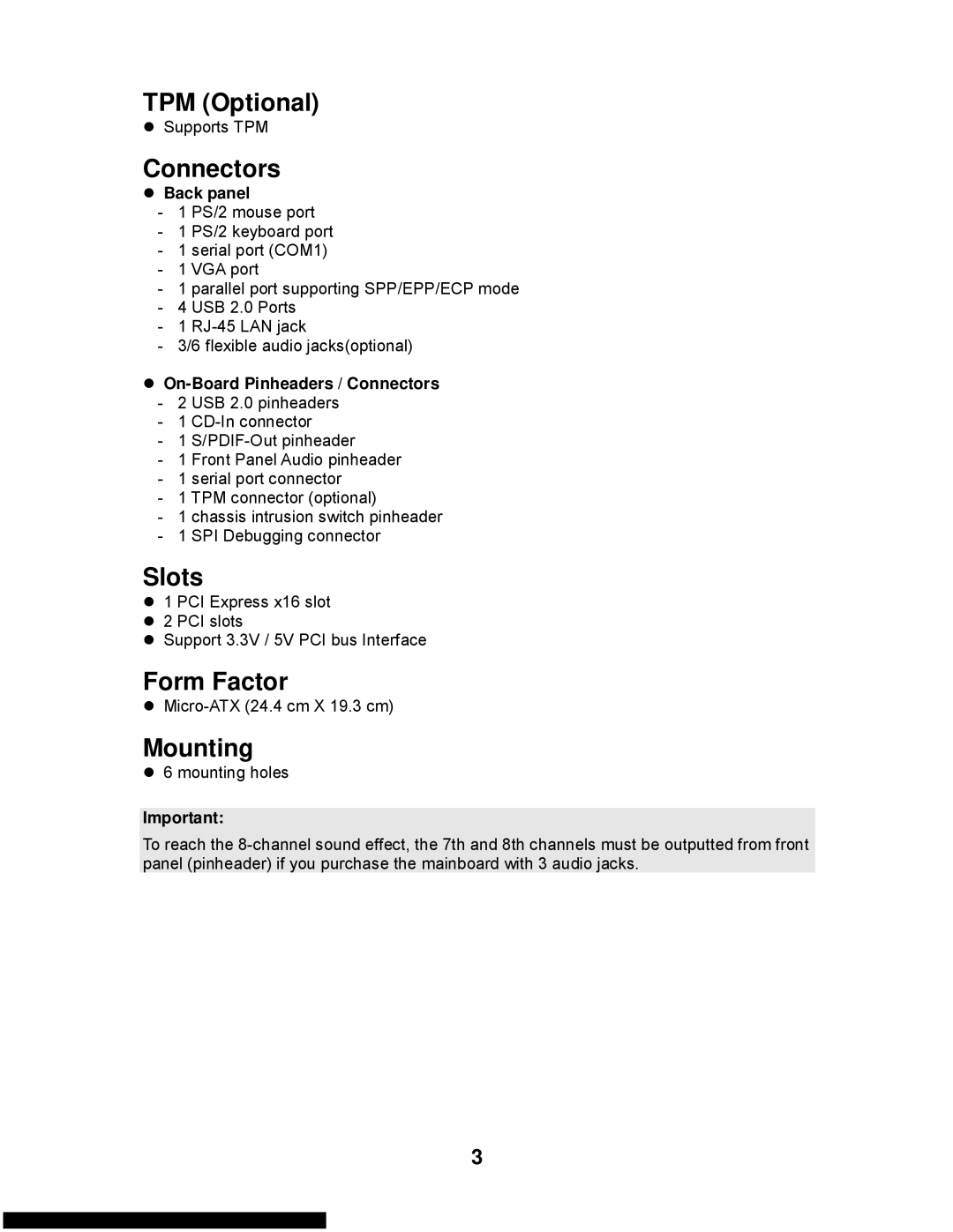 MSI G31M3-L V2 manual TPM Optional, Connectors, Slots, Form Factor, Mounting 