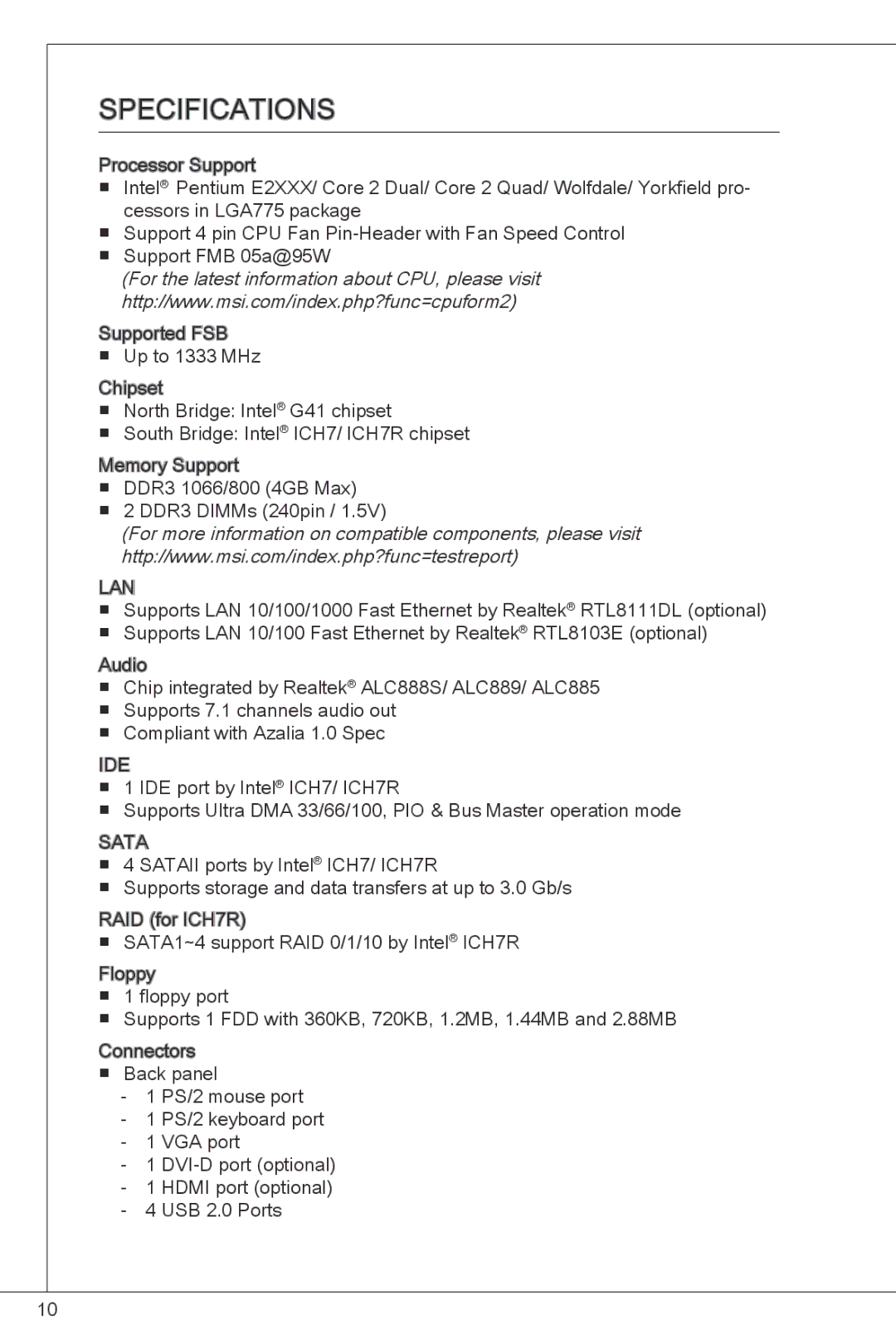 MSI G41M-E43 manual Specifications 